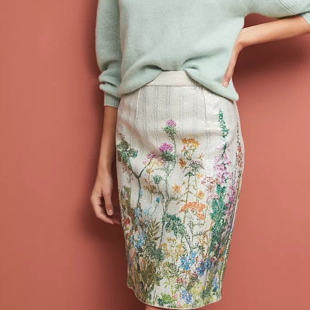 Anthropologie Geisha Designs Sequin Garden Pencil Skirt
